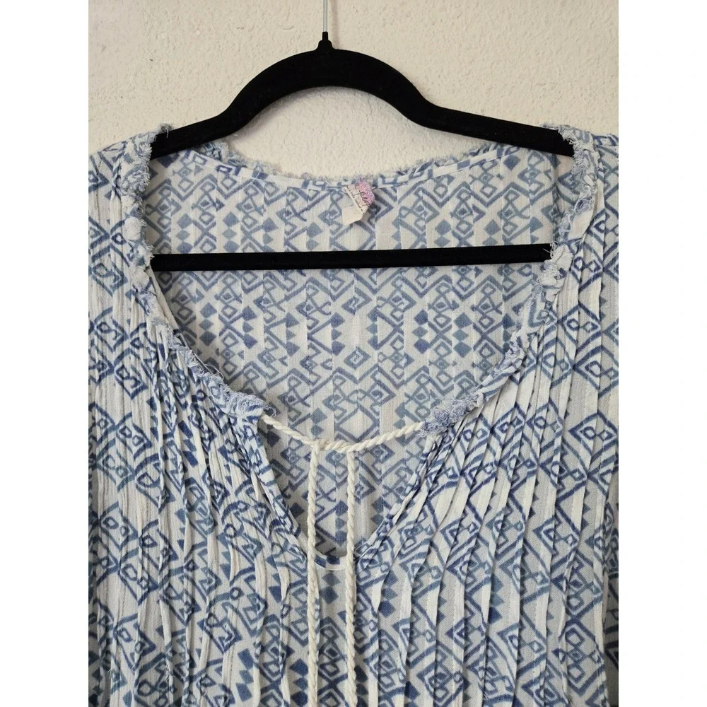 Free People Blue White Pintuck Tassels Boho Mini Dress Large Oversized Lace Cuff